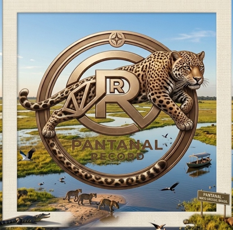 Selo Pantanal Records — a onça em bronze sobre o Pantanal